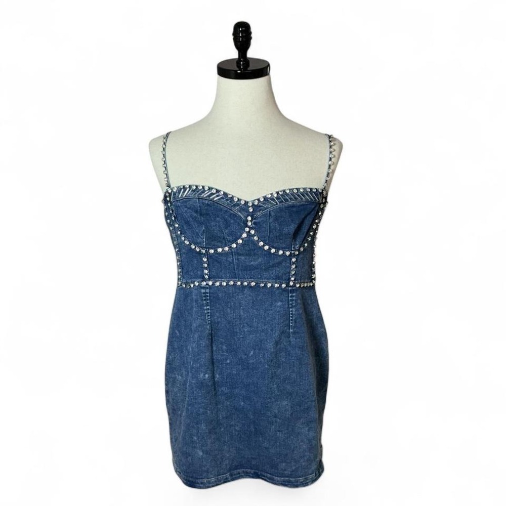 SALT Acid Wash Denim‎ Rhinestone Corset Mini Dress Blue Women M Y2K Western Glam